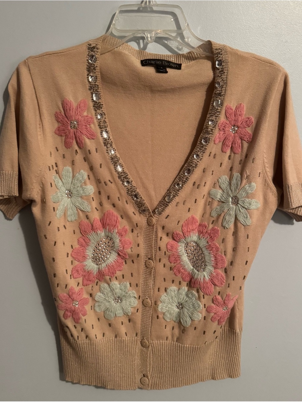 CHARLIE B Peach Short-Sleeve V-Neck Cardigan with Pink & Mint Floral Embroidery